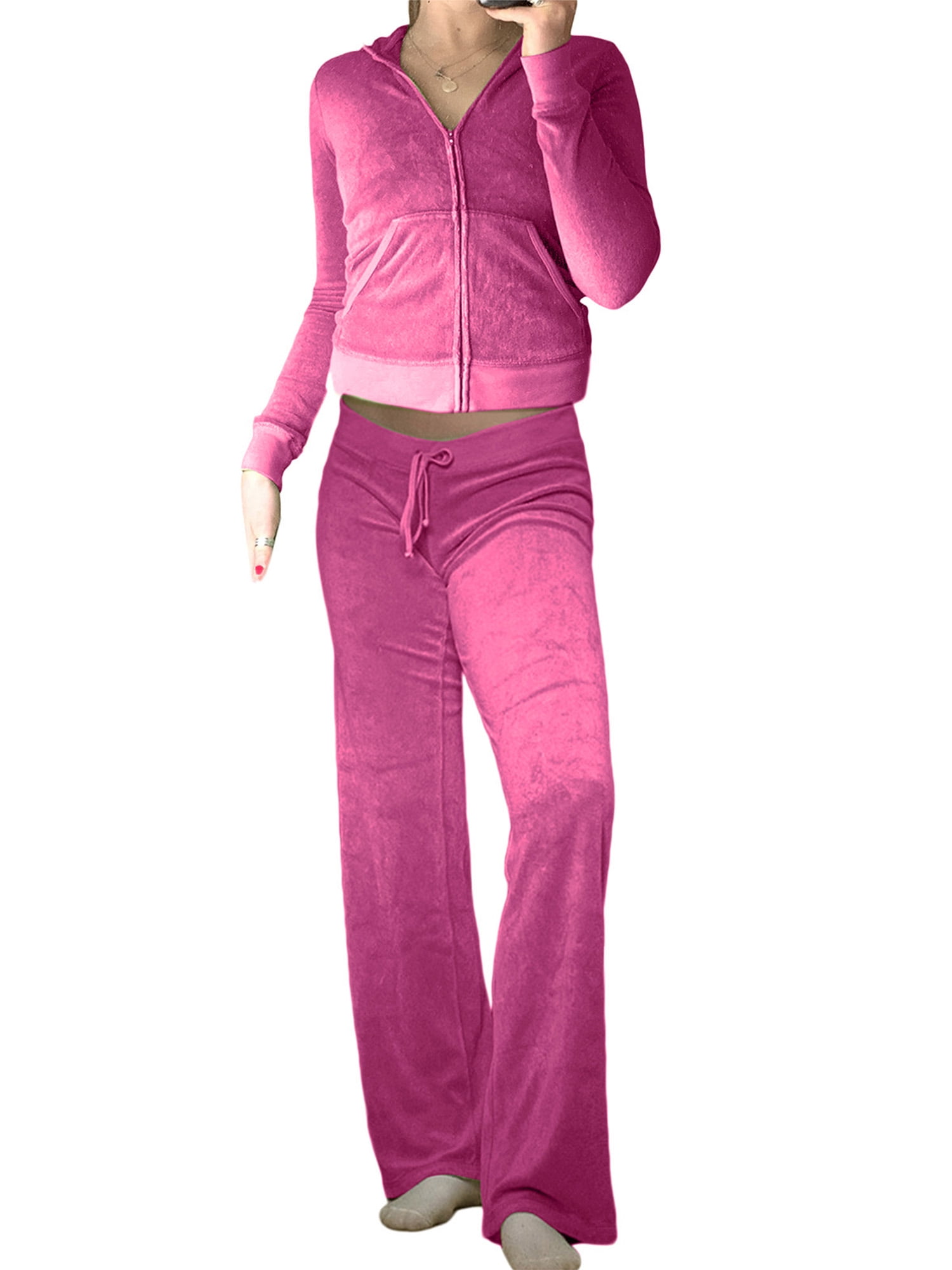 Women Y2k Velour Full Zip Tracksuit Set 