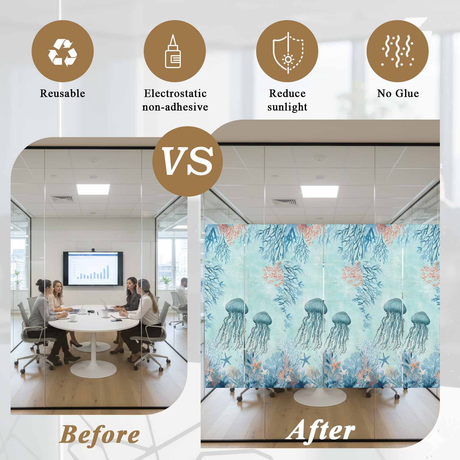 Summer Oceans Window Privacy Film, Teal Blue Jellyfish Corals Starfish Marine Life Frosted Glass Window Clings Static Cling UV Heat Blocking Reusable Door Sticker for Bathroom 23.6 x 59 Inch