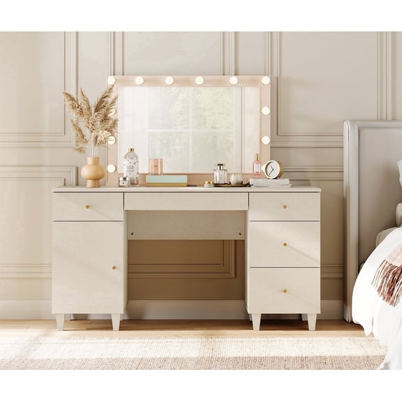 58" Wooden Vanity Desk with Drawers and Storage Cabinet, Modern Makeup Dressing Table with Charging Station for Girls, Vanity Table for Makeup Room, Beige Linen Printed
