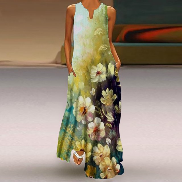 SMihono Robe Maxi Bohème d'Été pour Femmes Grande Taille Femmes Décontractée Ample Imprimée Robe Débardeur Plage Col en V avec Poche Robe Soleil Sans Manches Robes Plage Évasée Robe Soleil