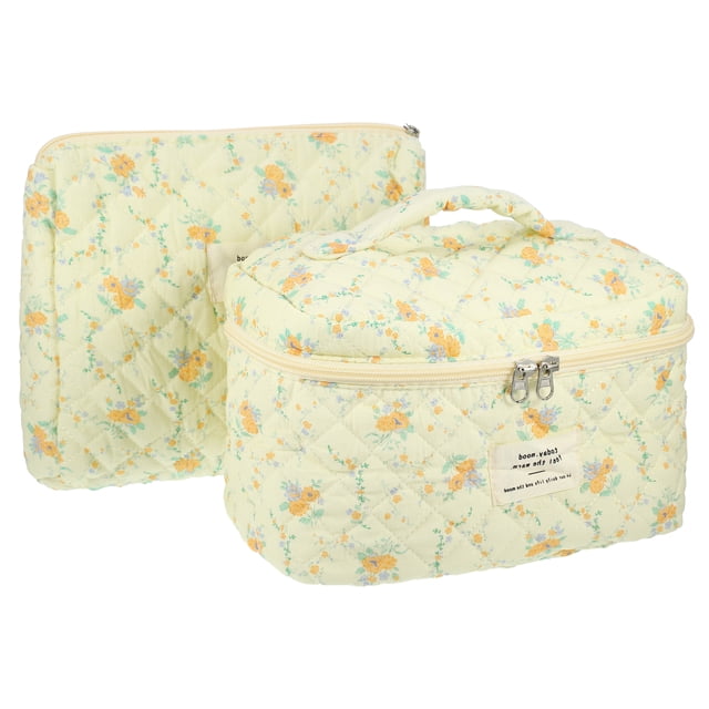Bolsas de maquillaje acolchadas de 2 piezas, bolsa de tocador acolchada de algodón para mujeres, bolsa de maquillaje floral amarilla, naranja