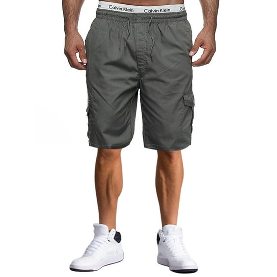 hirigin Men's Adjustable Drawstring Shorts, Multiple Large Pockets Cargo Shorts, Solid Color Knee-Length Short Sweatpants