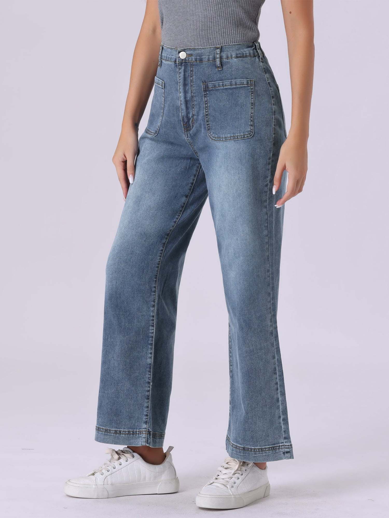DARING DIVA Women's Wide High Waisted Stretchy Jeans Buttoned Denim Pants S Gray Blue