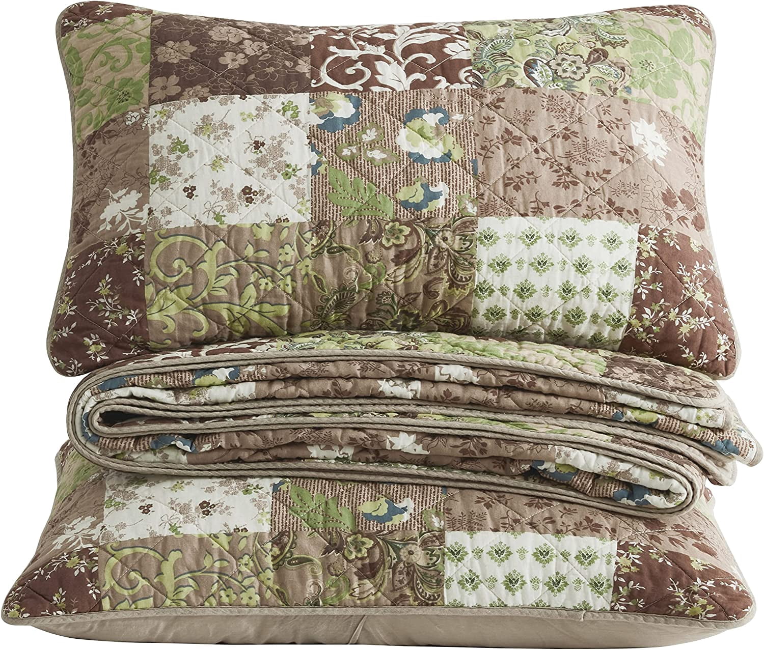 Chezmoi Collection Leilani 3-Piece Boho Washed Cotton Quilt Set Queen Size - Bohemian Quilted Bedding Brown Taupe Green White Floral Printed Patchwork Lightweight Bedspread Set for All Season