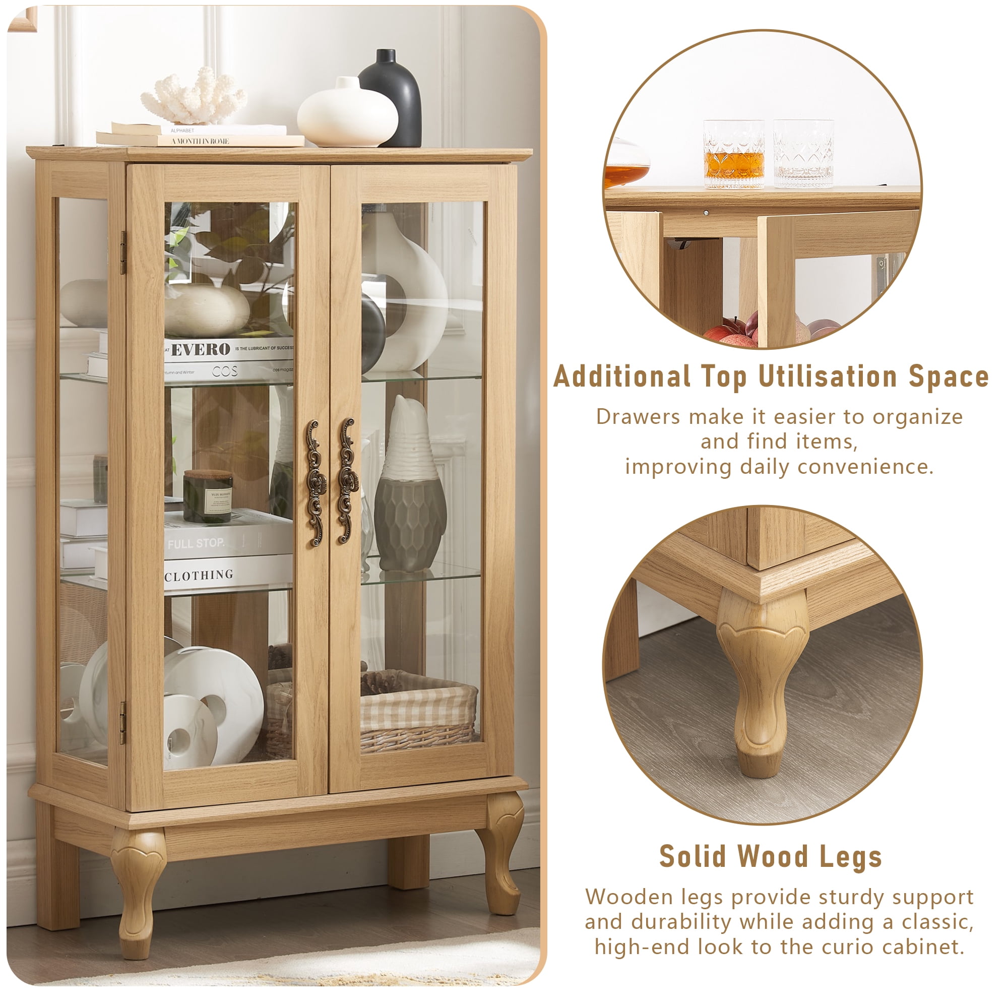 Miniyam Curio Display Cabinet with Light & Tempered Glass Doors, Natural