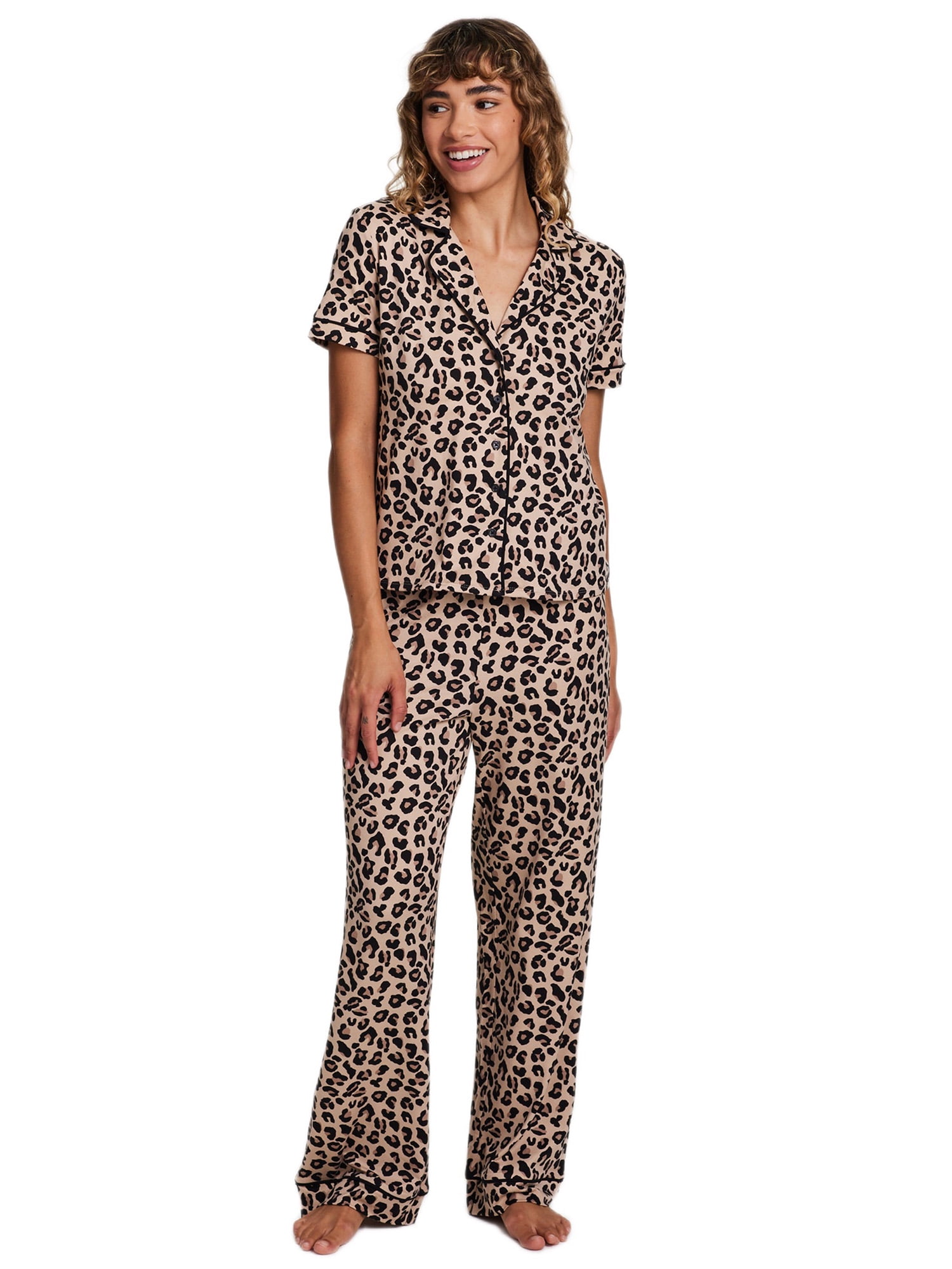Sleep & Co. Women's & Women's Plus Short Sleeve Fesitve Notch Collar Button Down with Pant Pajama Sleep Lounge Set, 2-Piece, Sizes S-2XL