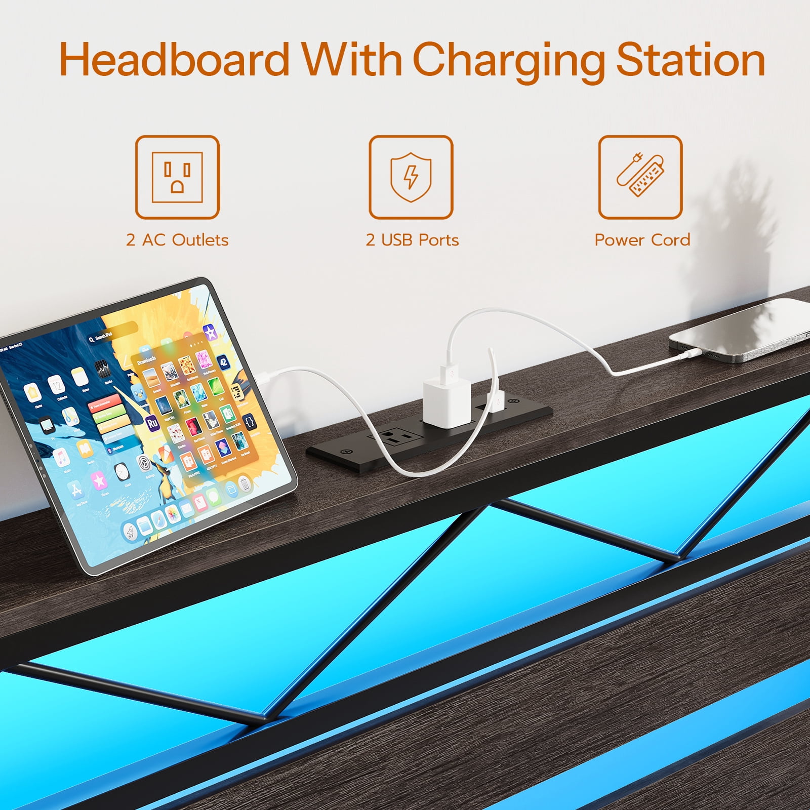 HOOBRO Queen Size Bed Frame with Headboard, LED Bed Frame with Storage Headboard and Charging Station, Bed Frame with 2 Outlets and 2 USB Ports, for Queen Beds, Charcoal Black BC22UDBF01