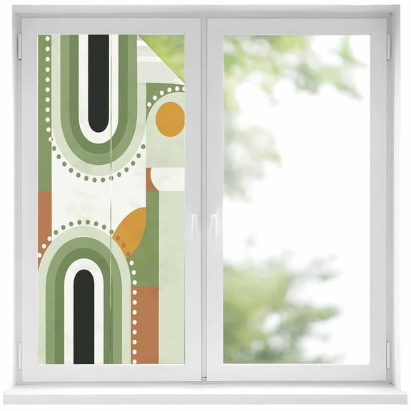 Mid-Century Modern Window Privacy Film Art Geometric Abstract Green Decorative Glass Window Film UV Blocking Static Cling Non-Adhesive Sticker Covering for Home Door 17.7 x 39.3 inches