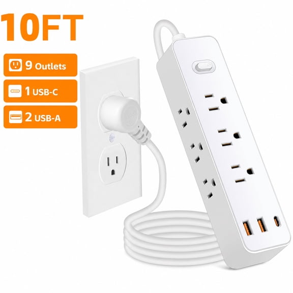 Surge Protector Power Strip, Flat Plug Extension Cord for Home and Office, 9 AC Outlets, 3 Usb Ports Including 1 Usb-C, 10 ft, 1700J, White