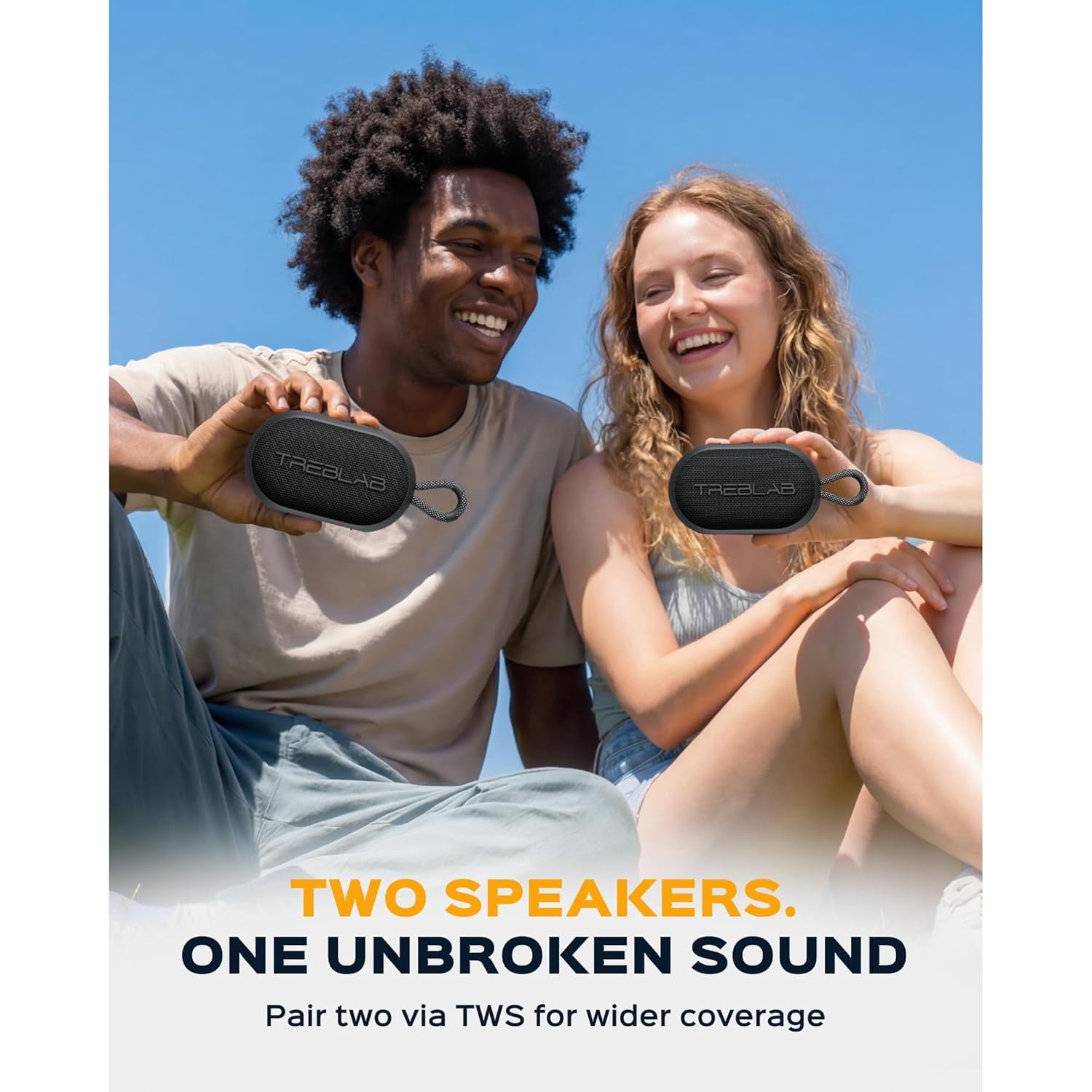 TREBLAB HD-Go - Ultra Portable Hand Held Speaker with Clip, 7W Power with Bass, 16H Playtime, IPX7 Waterproof, Built-in Mic, Compact & Lightweight, USB-C Charging – Small Speaker Bluetooth Wireless