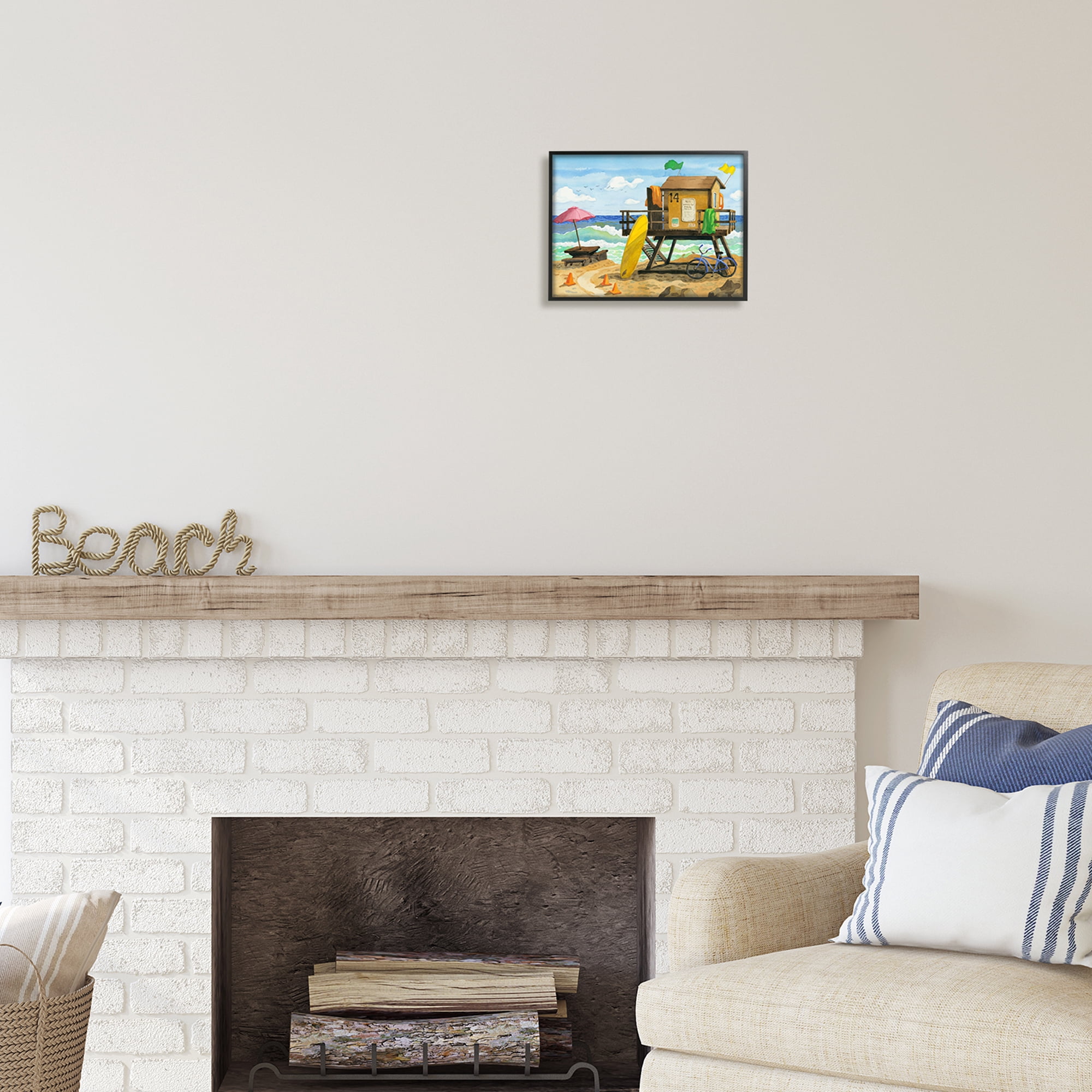 Stupell Industries Lifeguard Hut on Beach Nature Painting Black Framed Art Print Wall Art, 14 x 11