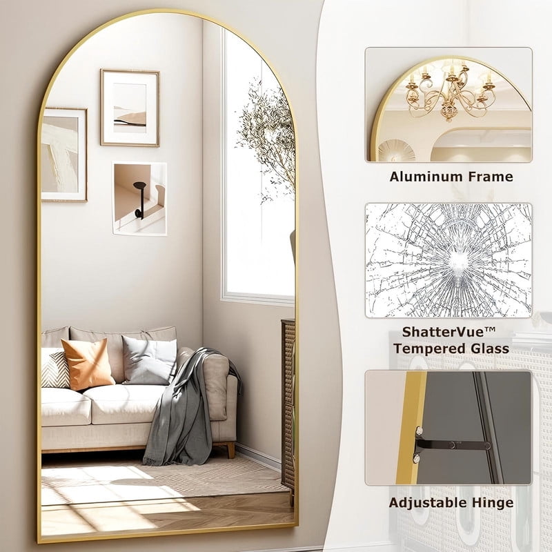 Mirrasia 76.3" x 34" Full Body Oversize Mirror Wall Mounted Arched Full Length Mirror, Gold