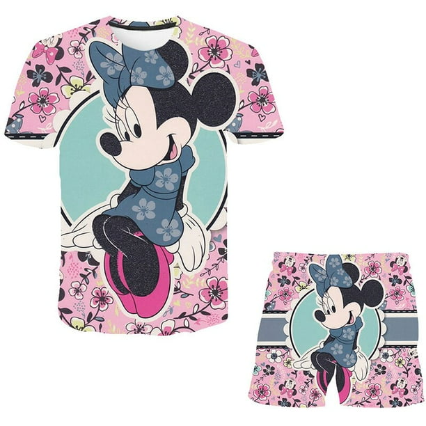 Conjuntos de Mickey Mouse para bebé, traje de moda de Disney para niñas, camisetas de verano + Pantalones cortos, 2 uds., ropa de dibujos animados para niños, trajes de 1 a 14 años, 9T Gao Jinjia LED