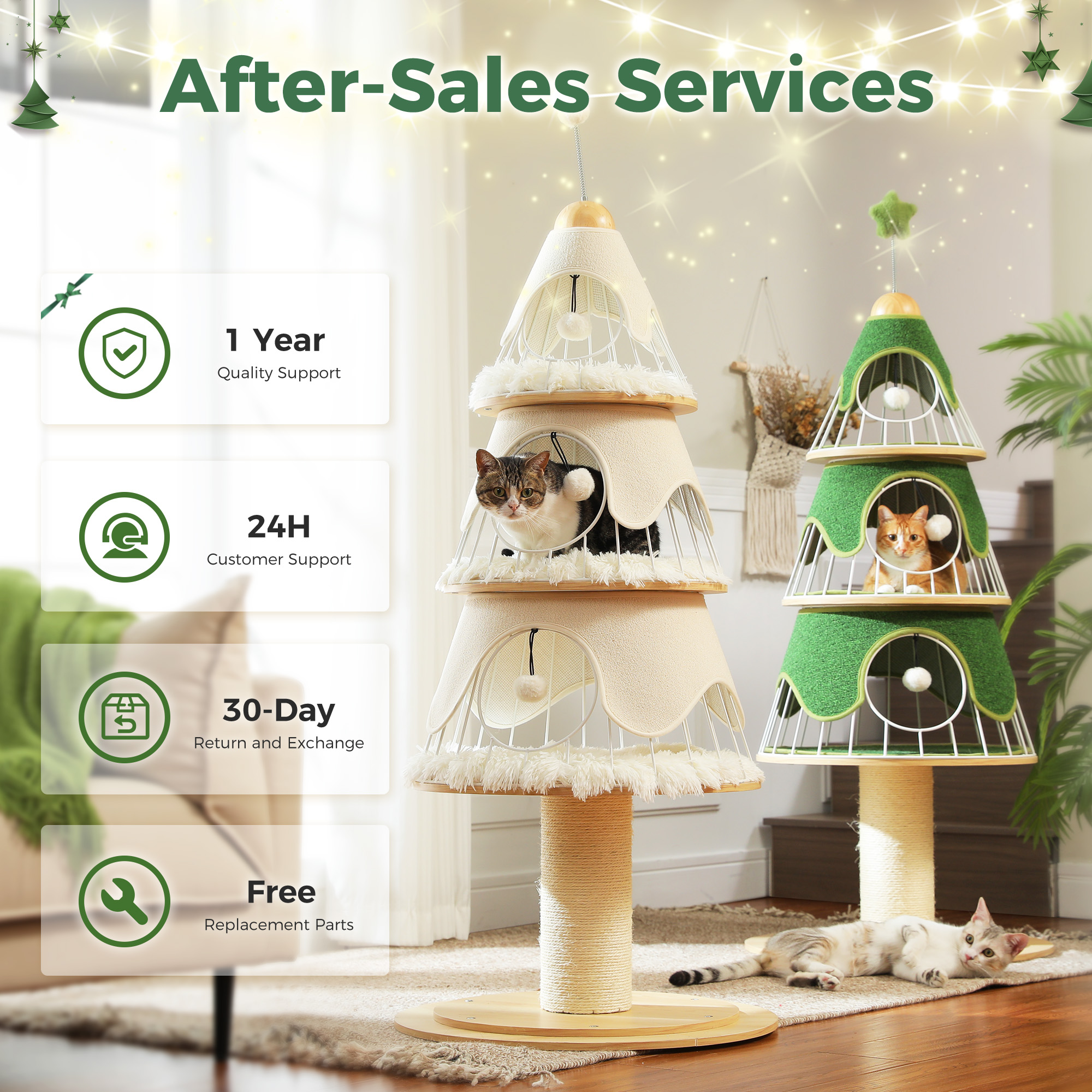 PAWZ Road 51.2" Christmas Cat Tree for Indoor Cat Modern Cat Tower with 3 Cat Condos and Scratch Post, Green