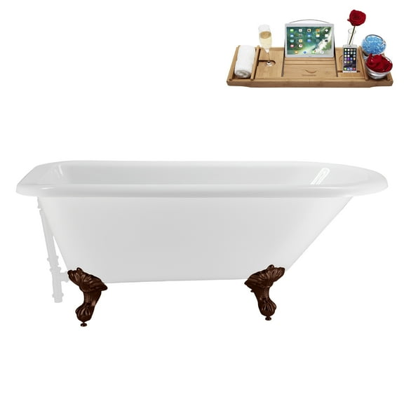 62" Streamline N4840ORB-WH Soaking Clawfoot Tub and Tray With External Drain in Glossy White and Matte Oil Rubbed Bronze Clawfeet