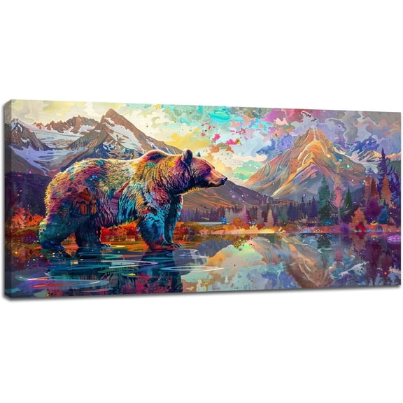 WFSposter-Bear Large Wall Art Bear Mountain Pictures Wall Decor Lake Landscape Canvas Painting Modern Artwork Home Decoration for Living Room Bathroom Bedroom Office