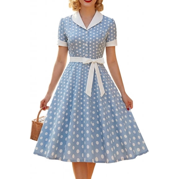 Retro polka dot short-sleeved dress for women, summer style with puff sleeves