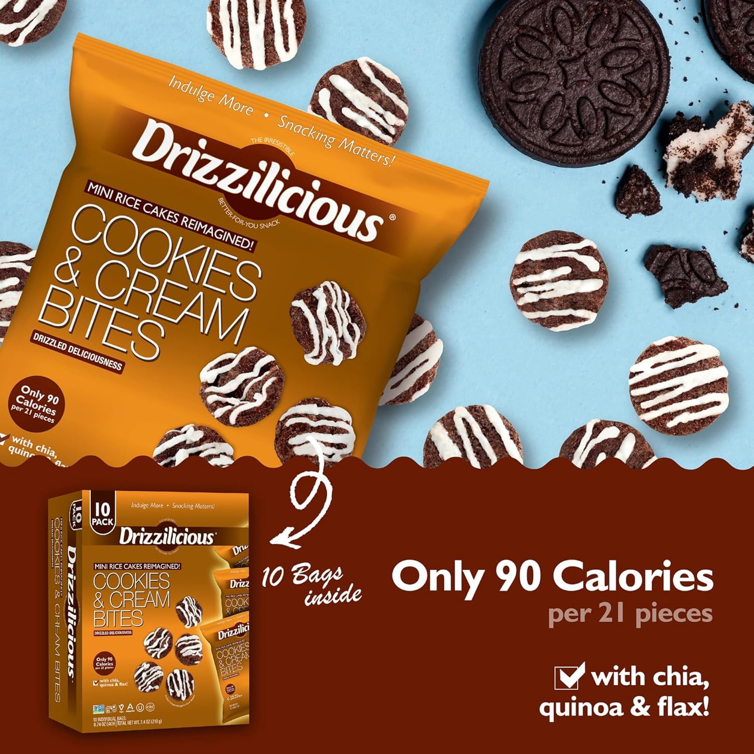 Drizzilicious Mini Rice Cakes, Cookies & Cream Flavored Rice Cake Gluten Free Snacks, Rice Crisps 10-Pack