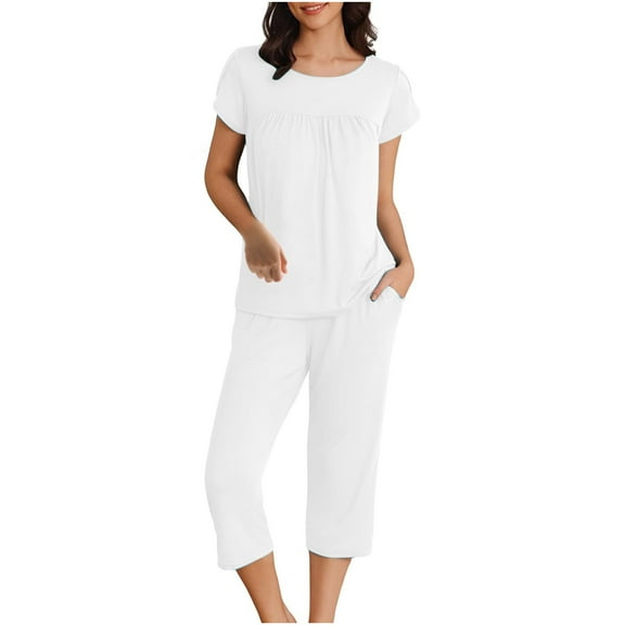 Clearance Outfits Womens Travel Outfits for Women 2PC Solid Color Round Neck Short Sleeve Sleepshirt And Pants Sets Loungewear Pajamas With Pockets