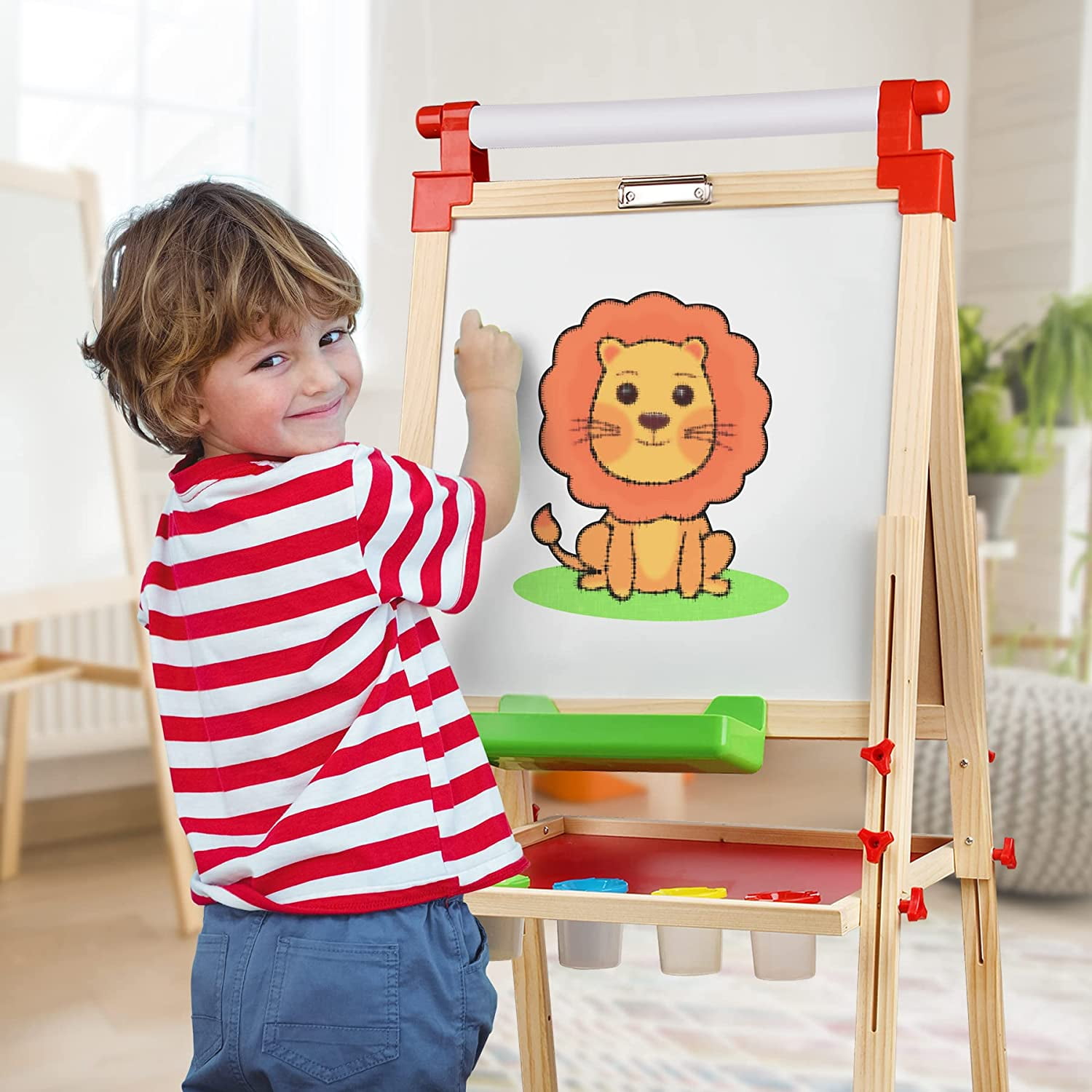 Kids Wooden Easel with Paper Roll - Adjustable Magnetic Double Sided Drawing Board Whiteboard & Chalkboard Dry Easel Board, Children Art Easel for 3~12 Years Kids Boys Girls Painting Drawing