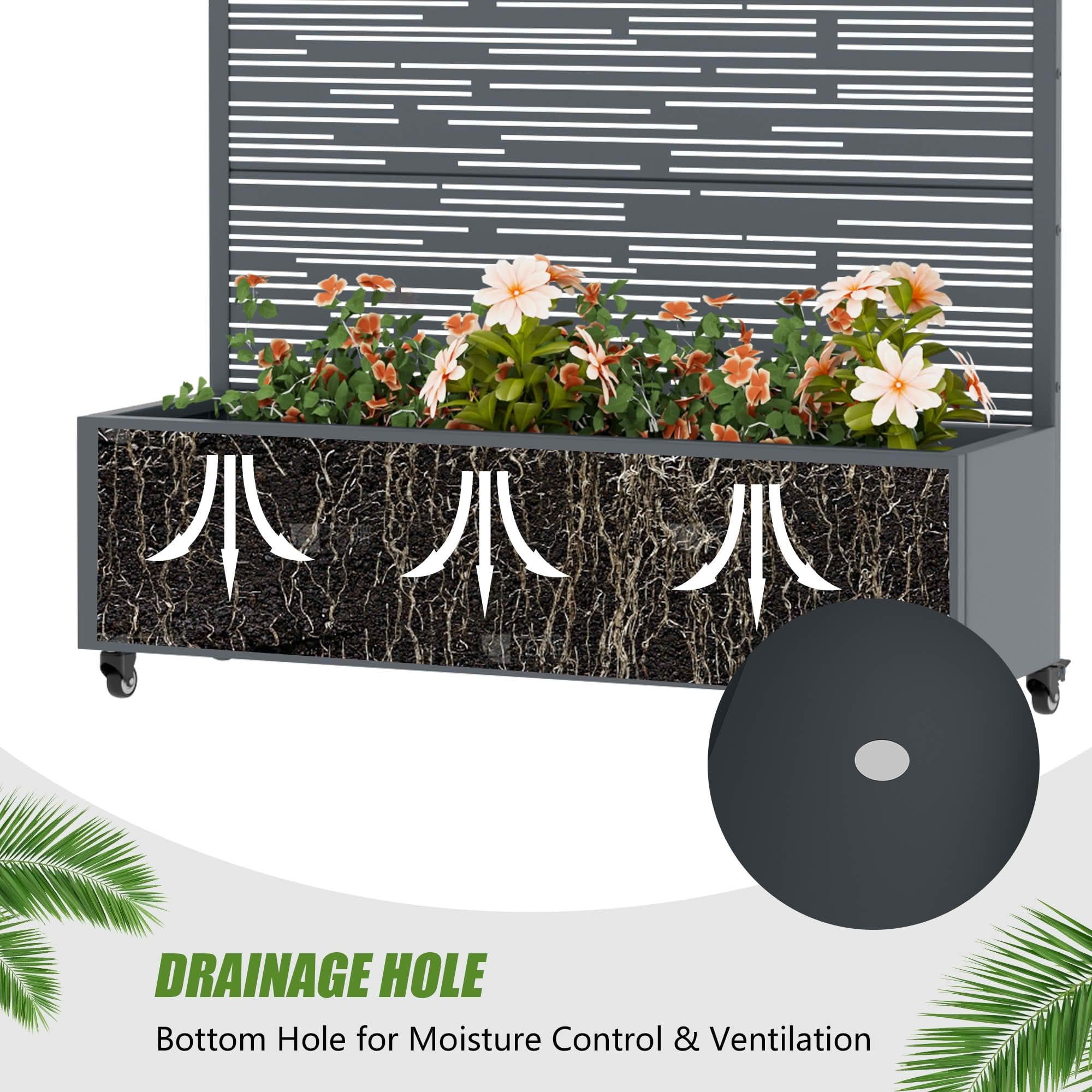 MAYEERTY 72X47" Metal Outdoor Cambrian Gray Privacy Screen with Planter Box for Backyard & Garden, 5 Piece Set
