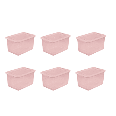 64 Qt. Latching Box Plastic, Blush Pink Tint, Set of 6