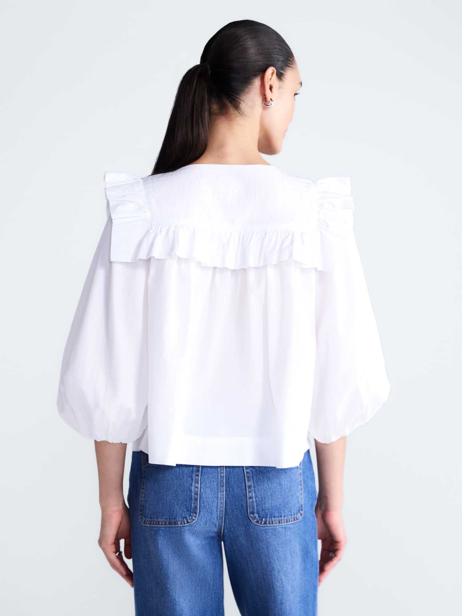 Free Assembly Women's and Women's Plus Ruffle Yoke Cotton Top with Puff Sleeves, Sizes XS-4X