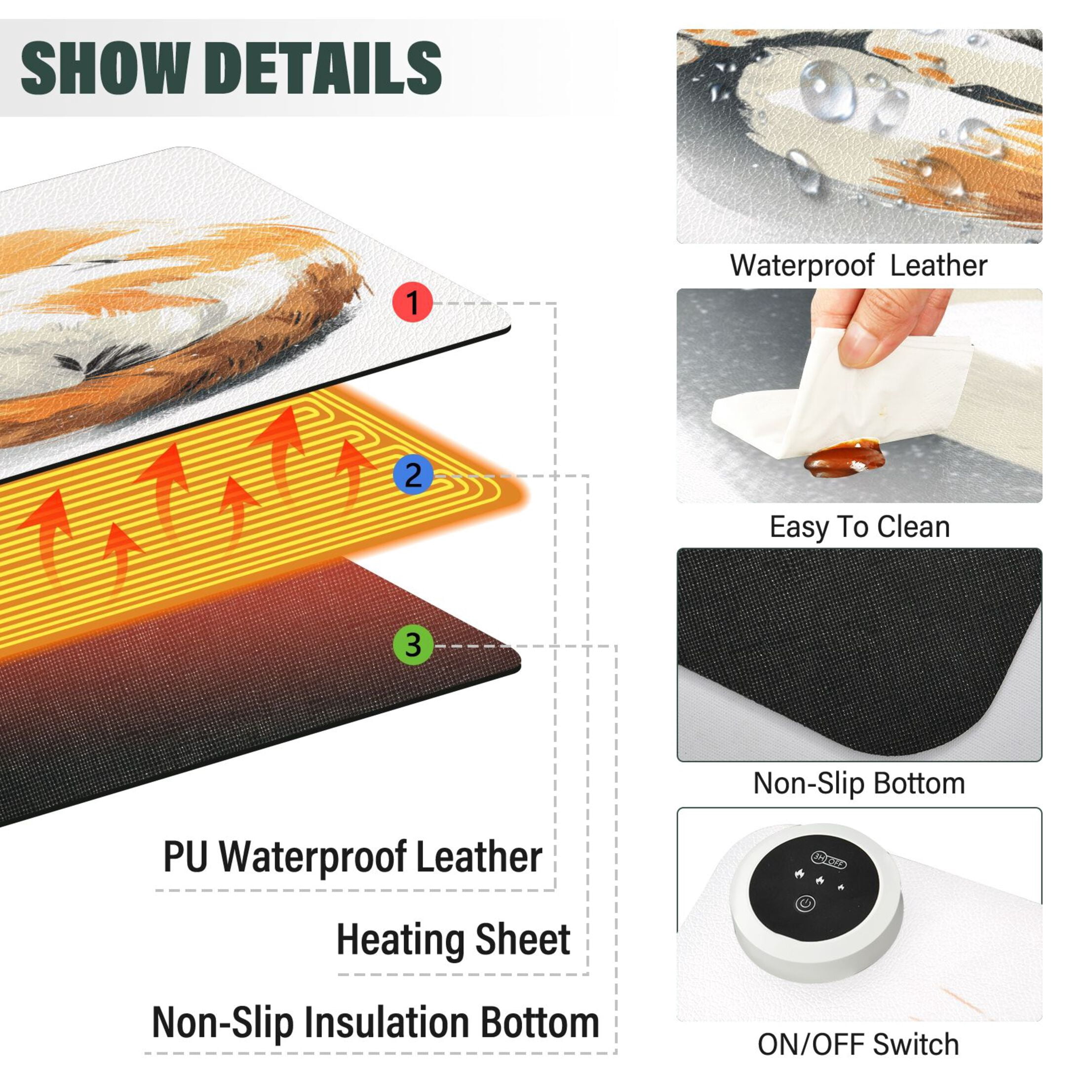 Large Heated Desk Mat Mouse Pad 31.5"x13"PU Leather Graphene Heating Desk Warmer with 3 Temperature Settings 110V US Plug Non-Slip Warm Pad for Home, Office, and Gaming Adorable Orange Cat Asleep