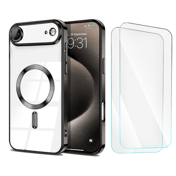 3-in-1 Entronix Bundle for iPhone 17 Air, Glossy Magnetic Clear Case 2 Screen Protector, Black
