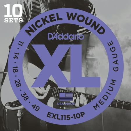 D'Addario EXL115-10P Nickel Wound Electric Guitar Strings, Medium/Blues-Jazz Rock, 11-49, 10