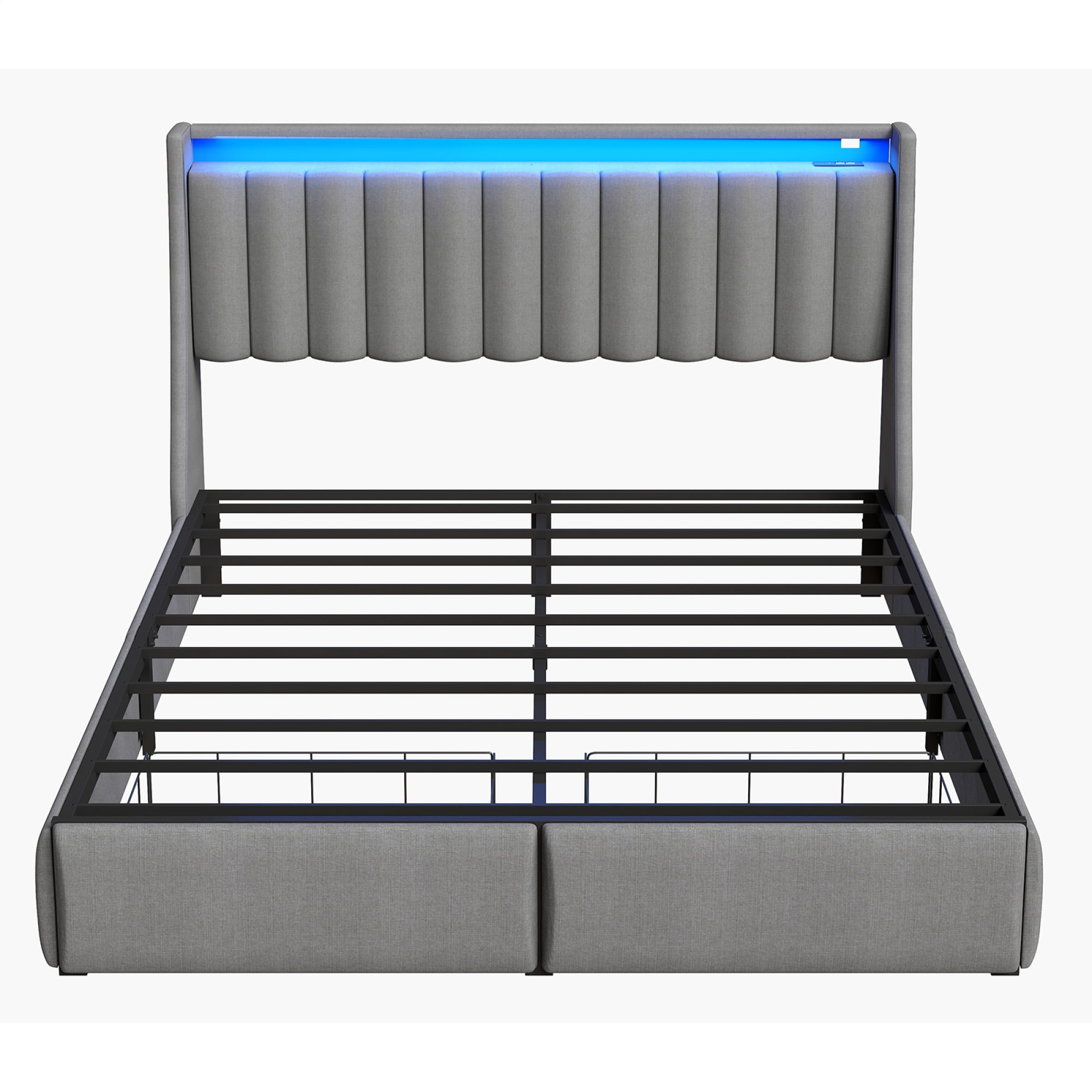 HOQBN Queen Size Bed Frame with RGB LED Lights & Charging Station, Upholstered Platform Bed with 2 Underbed Drawers & Storage Headboard, No Box Spring Required