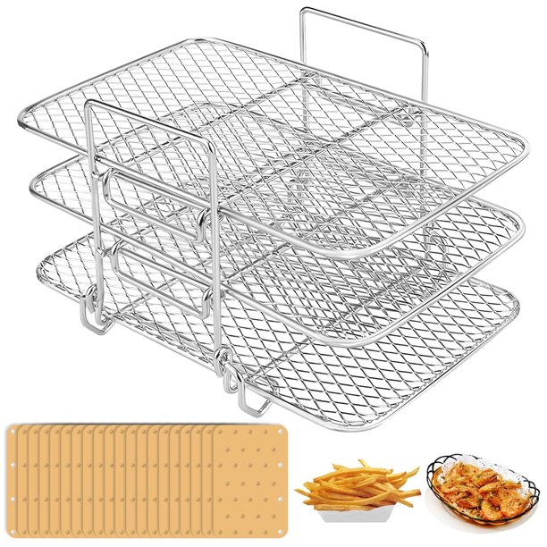 Rejilla para freidora de aire con 50 hojas de revestimiento Rejilla para freidora de aire cuadrada de acero inoxidable de 3 capas Freidora de aire lavable a prueba de óxido Deshidratador Estante Acces