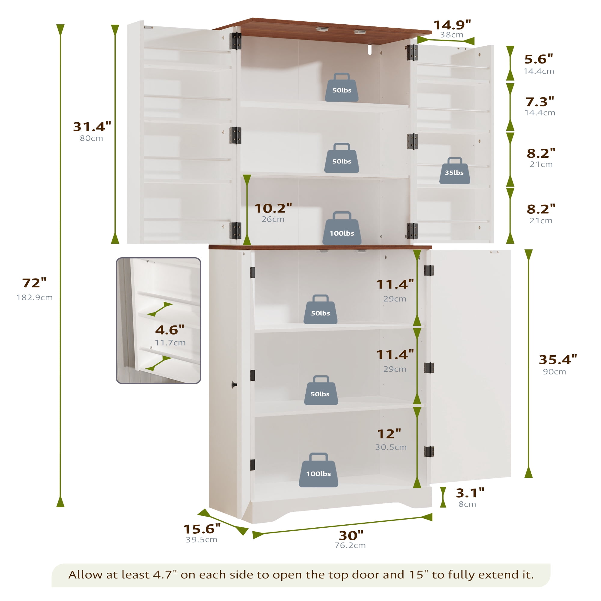 Farmhouse Pantry Storage Cabinet, 72" Tall Kitchen Pantry with Doors Organizer, Freestanding Cupboard with Adjustable Shelves, Rustic Buffet Cabinet for Kitchen, Dining Room, Bathroom, White