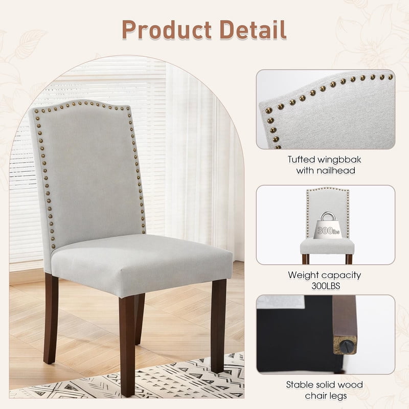BEAUTYPEAK Dining Chairs Set of 2 Upholstered Parsons Chairs with Nailhead Trim Padded Linen Seats and Wood Legs, Gray