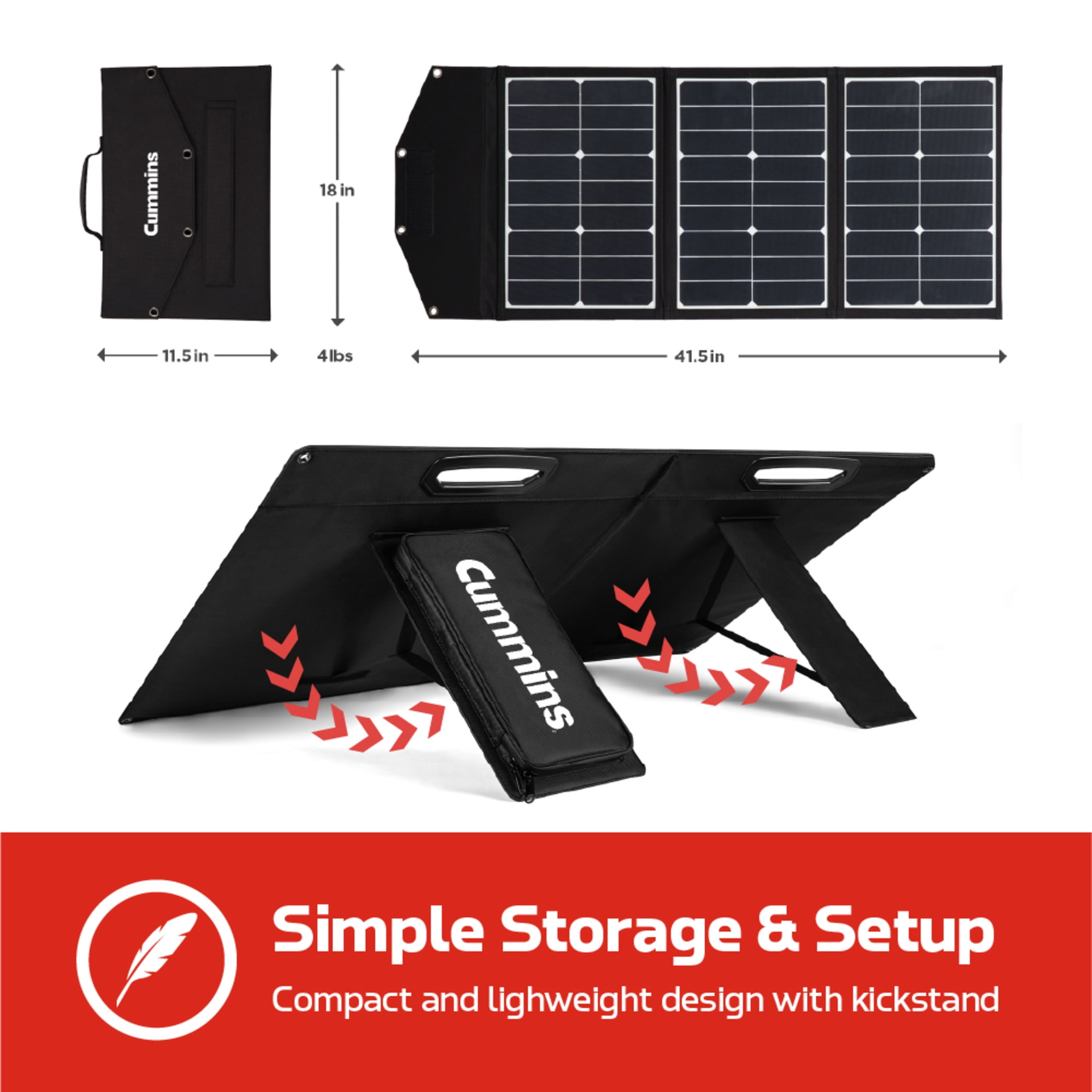 Cummins Portable 60W Solar Panel for Portable Power Stations, iPhone, iPad, Tablets, Laptop, with QC 3.0 USB and USB-C ports, DC Output, for Outdoors, Camping, RVs, and Travel, Black