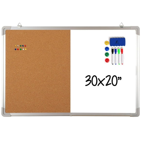 Combination Whiteboard Bulletin Board Set - Dry Erase/Cork Board 30x20 in with 1 Magnetic Dry Eraser, 4 Markers, 4 Magnets and 10 Thumb Tacks - Combo