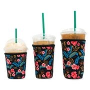 Baxendale Reusable Neoprene Insulator Sleeve for Iced Coffee or Cold Beverage Cups (Black Floral, 3-pack, 16-32oz)