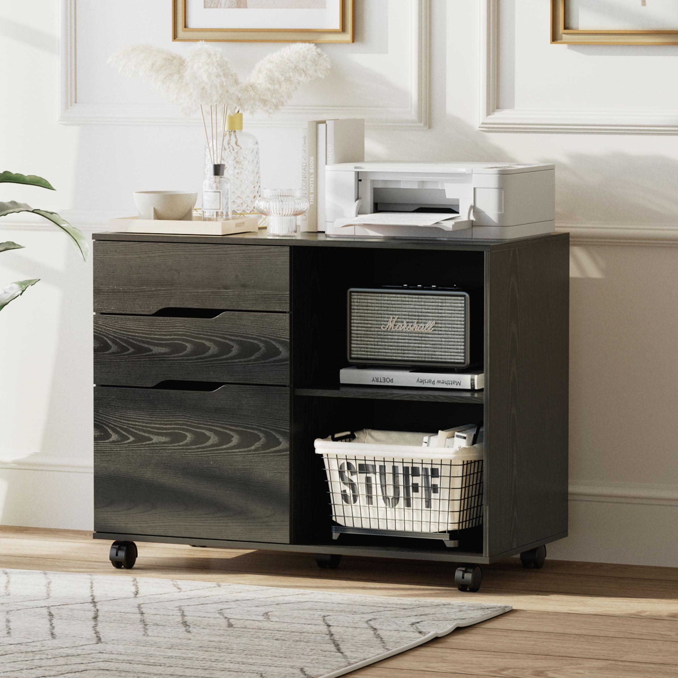 JIOABL 3-Drawer File Cabinet, Lateral Mobile Filing Cabinet Wood Storage Organizer with Wheels, Printer Stand & Open Shelves for Home Office, Black