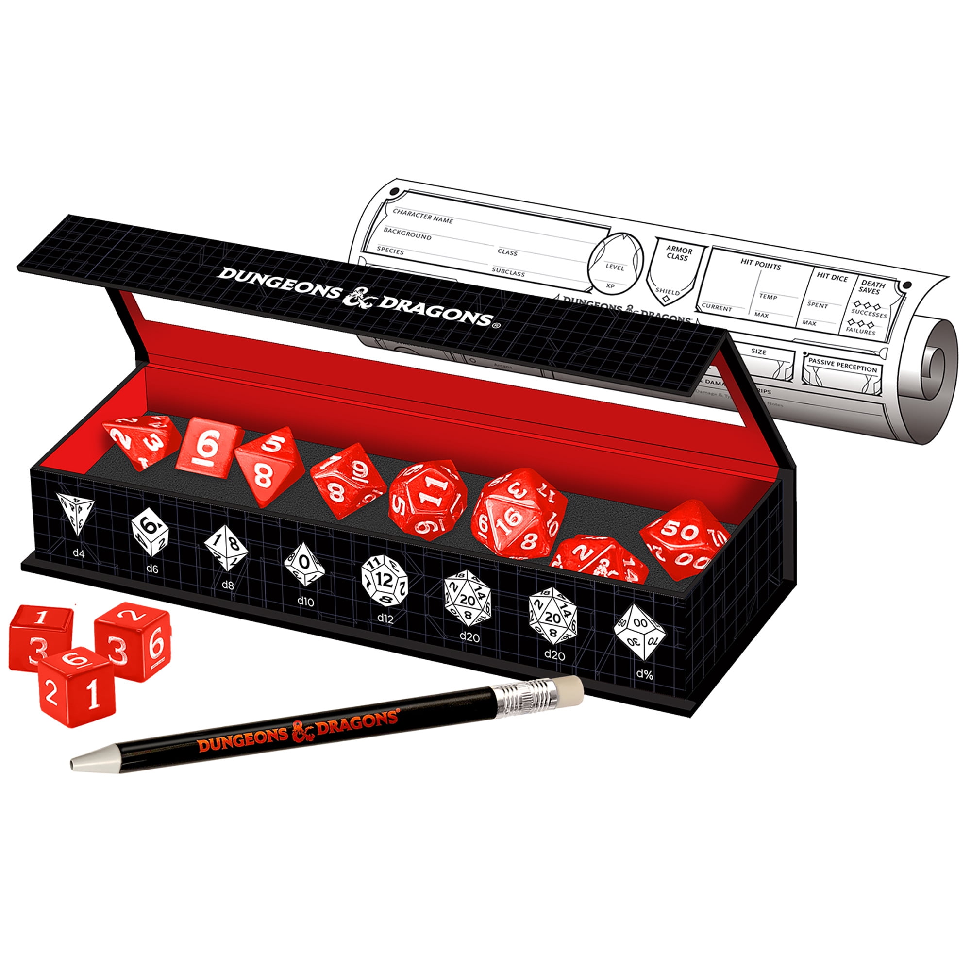 Dungeons & Dragons: D&D New Adventurer Dice Set: Red - 11 Oversized RPG Dice, Magnetic Storage Case, Character Sheet & Pencil, Officially Licensed