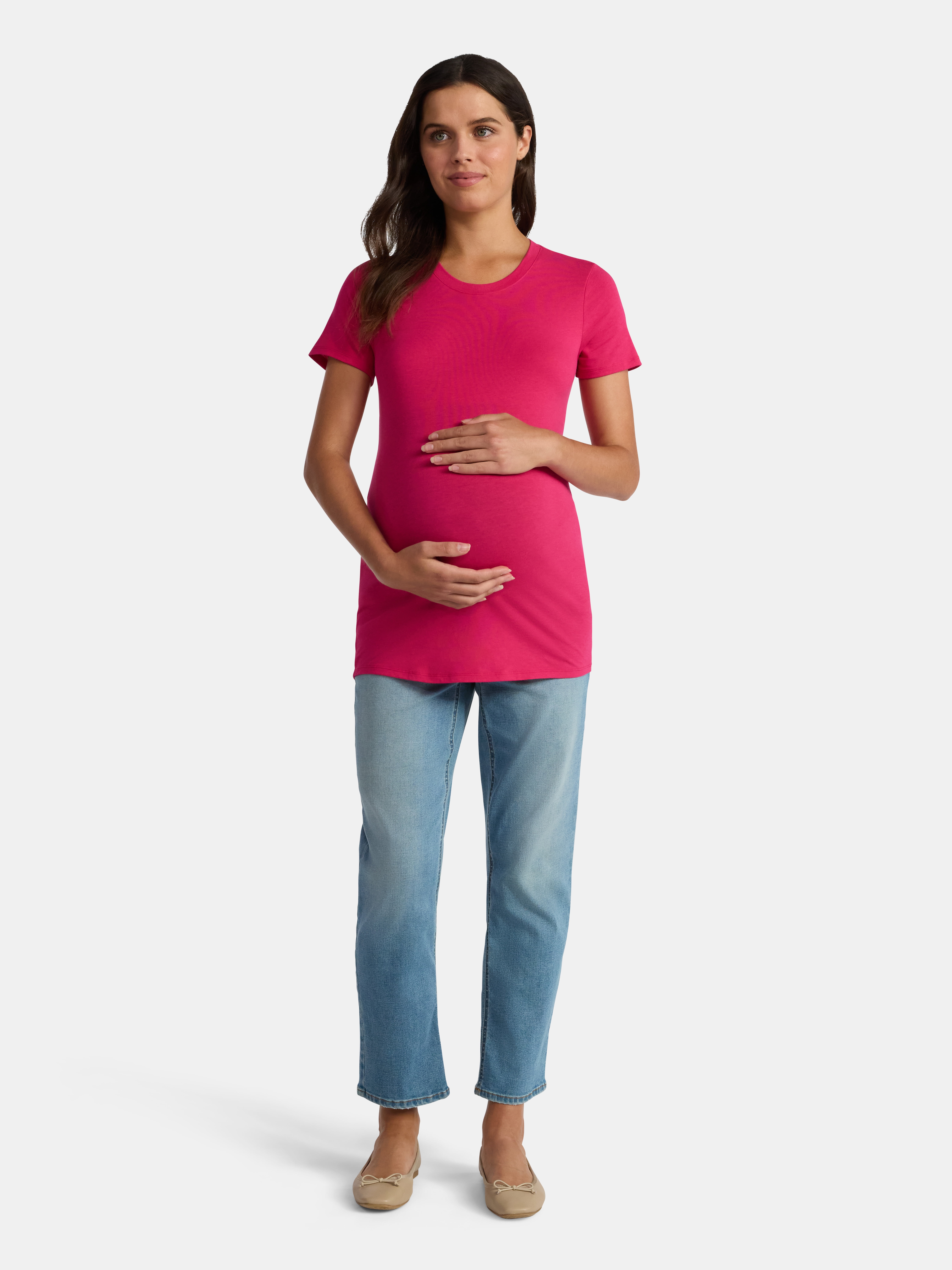 Time and Tru Women's Maternity Non Shirred Tee with Short Sleeves, Sizes S-XXL