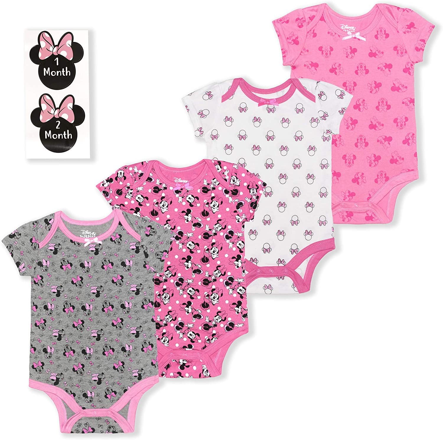 0-12 Months Pink Disney Girl's 4-Pack Minnie Mouse Bodysuit Creeper with 12 Milestone Stickers