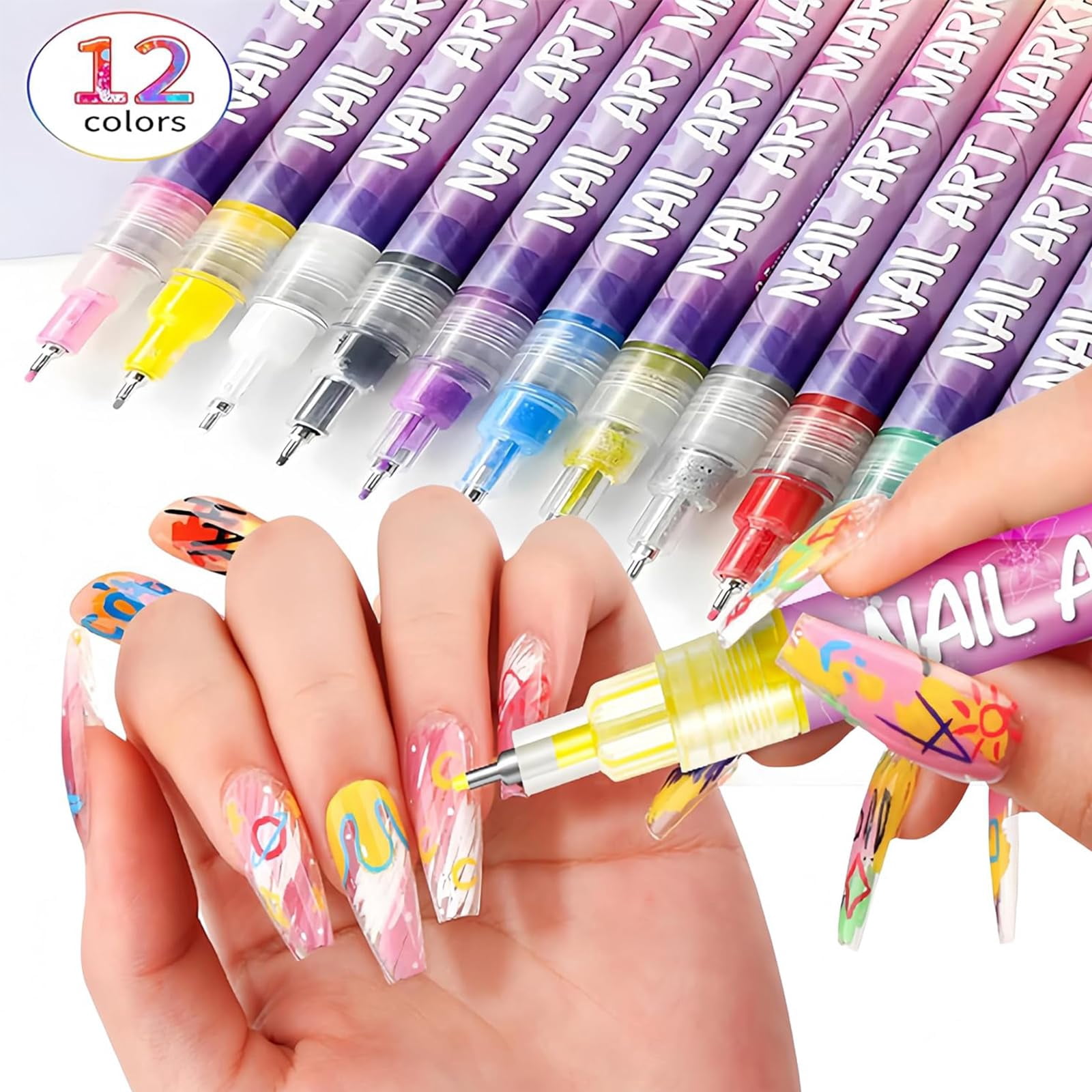 12 Colors Nail Art Pens Set, 2026 New DIY Nail Art Markers for Gel Nails, 3D Nail Polish Pens Quick Dry Graffiti Dotting Point Liner Pens Kit for DIY Nail Art Drawing Painting Tools