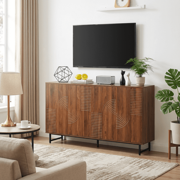 Mid-Century Modern Walnut Sideboard Buffet Cabinet, 59*16*33 inches Geometric Carved Storage Cabinet with Metal Legs, Multi-Purpose Credenza for Living Room, Dining Room, Entryway