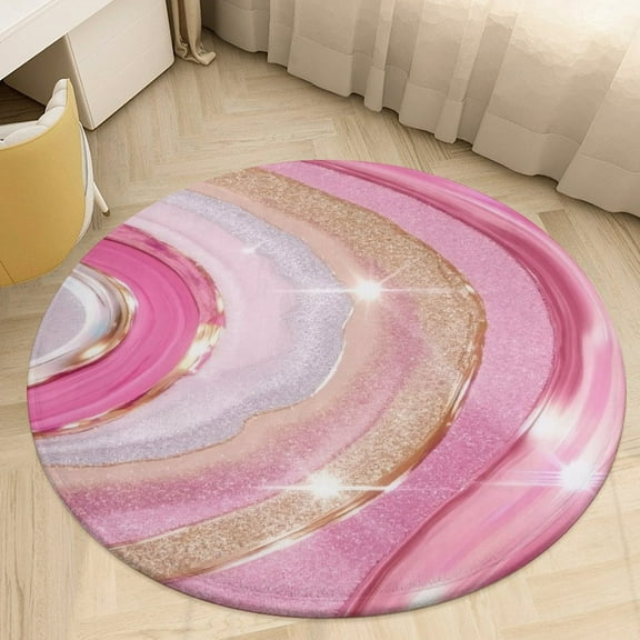 Pink Glitter Marble Swirl Round Area Rugs for Bedroom Living Room, 4FT Soft Comfy Indoor Circle Carpets, Floor Mat