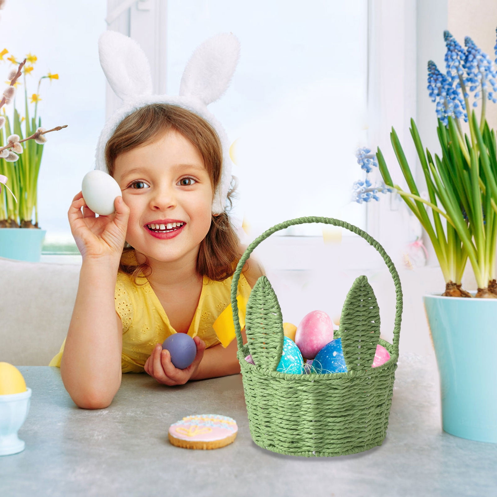 2 Packs Easter Bunny Basket with Long Ears Woven Storage Tote Bag for Easter Eggs Decorations Kids Gift Organizer Home Party Supplies Multicolor 26x20x16cm