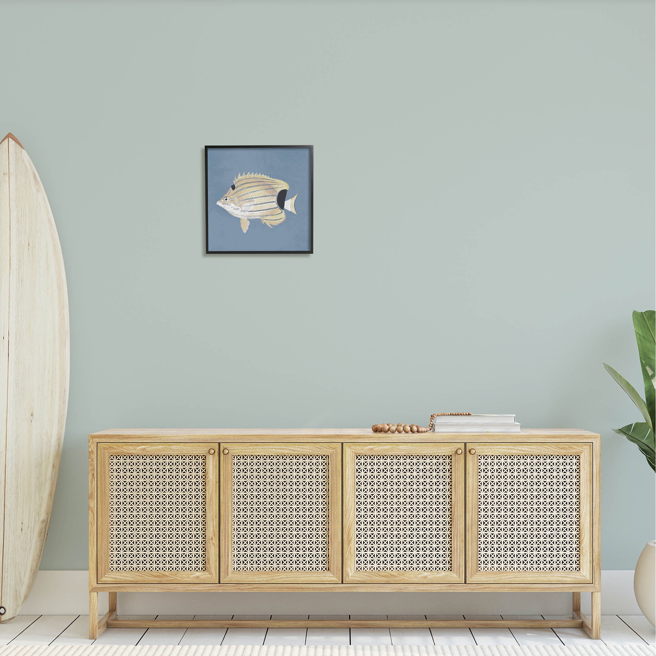 Striped Fish Portrait Blue Background Animals & Insects Graphic Art Black Framed Art Print Wall Art