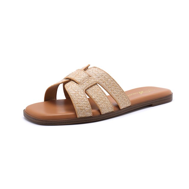 Sandalias planas Athlefit de piel de rafia con punta cuadrada para mujer