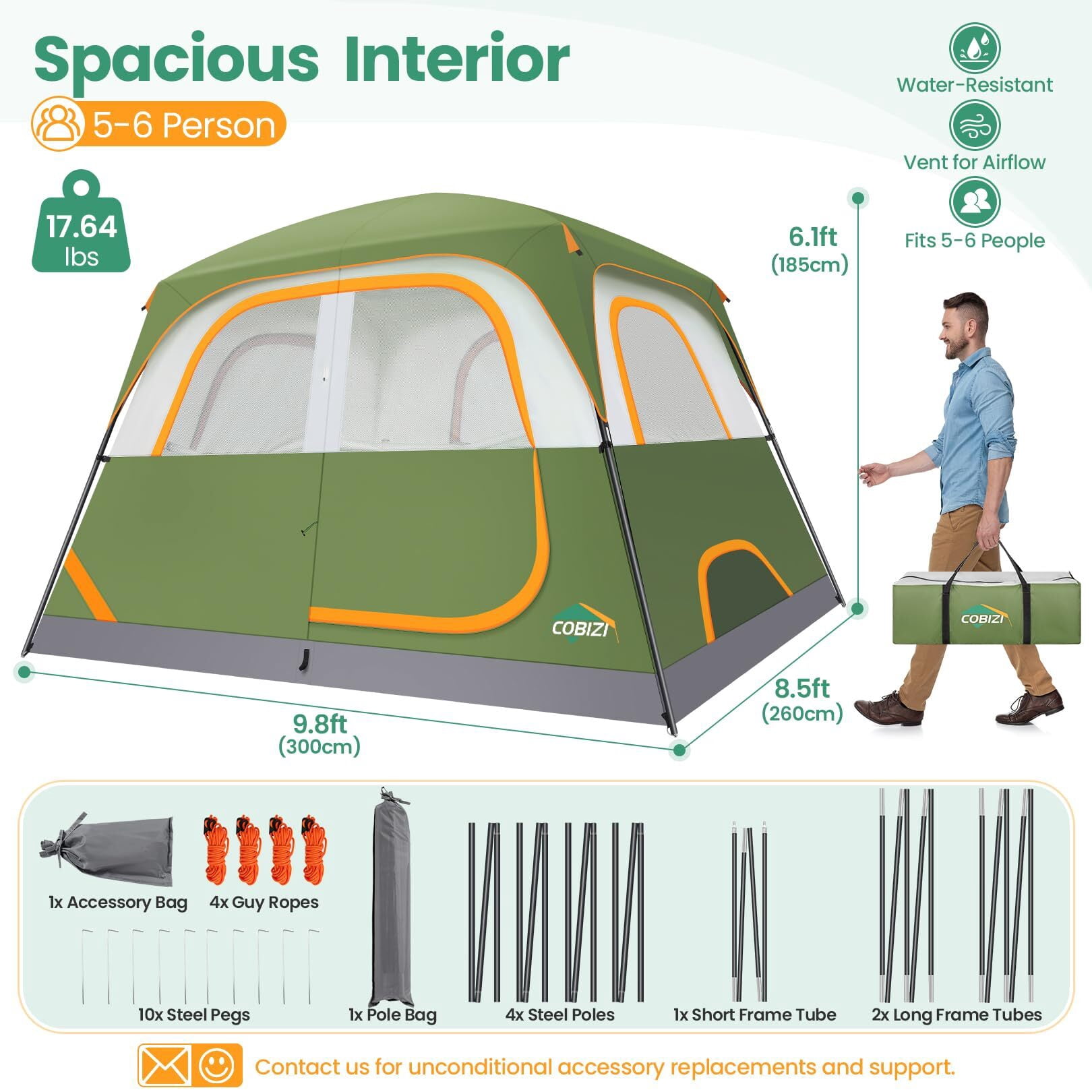 COBIZI Tents for Camping 4/6 Person Camping Tent with Rainfly and Screen, Easy Setup Lightweight Portable Waterproof Outdoor Tent with Carry Bag for Backpacking, Hiking, Family Travel