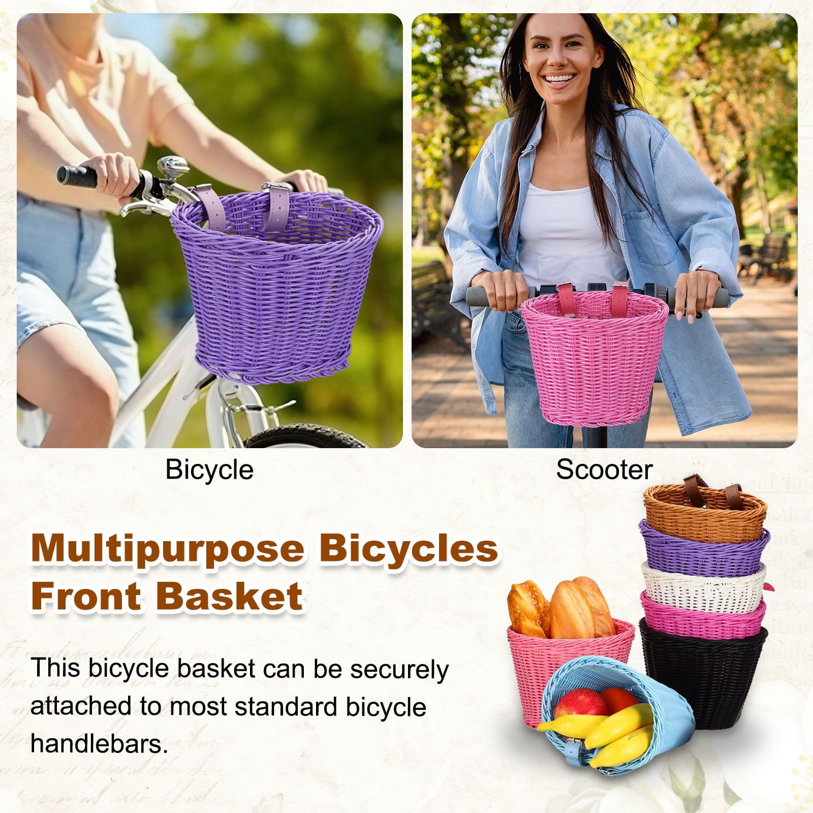 Uxcell Bike Basket Front, Hand-Woven Bicycle Basket with Adjustable PU Belts 1 Pack & Black-Fitting For(Most Road Bikes, Bicycles/Scooters)