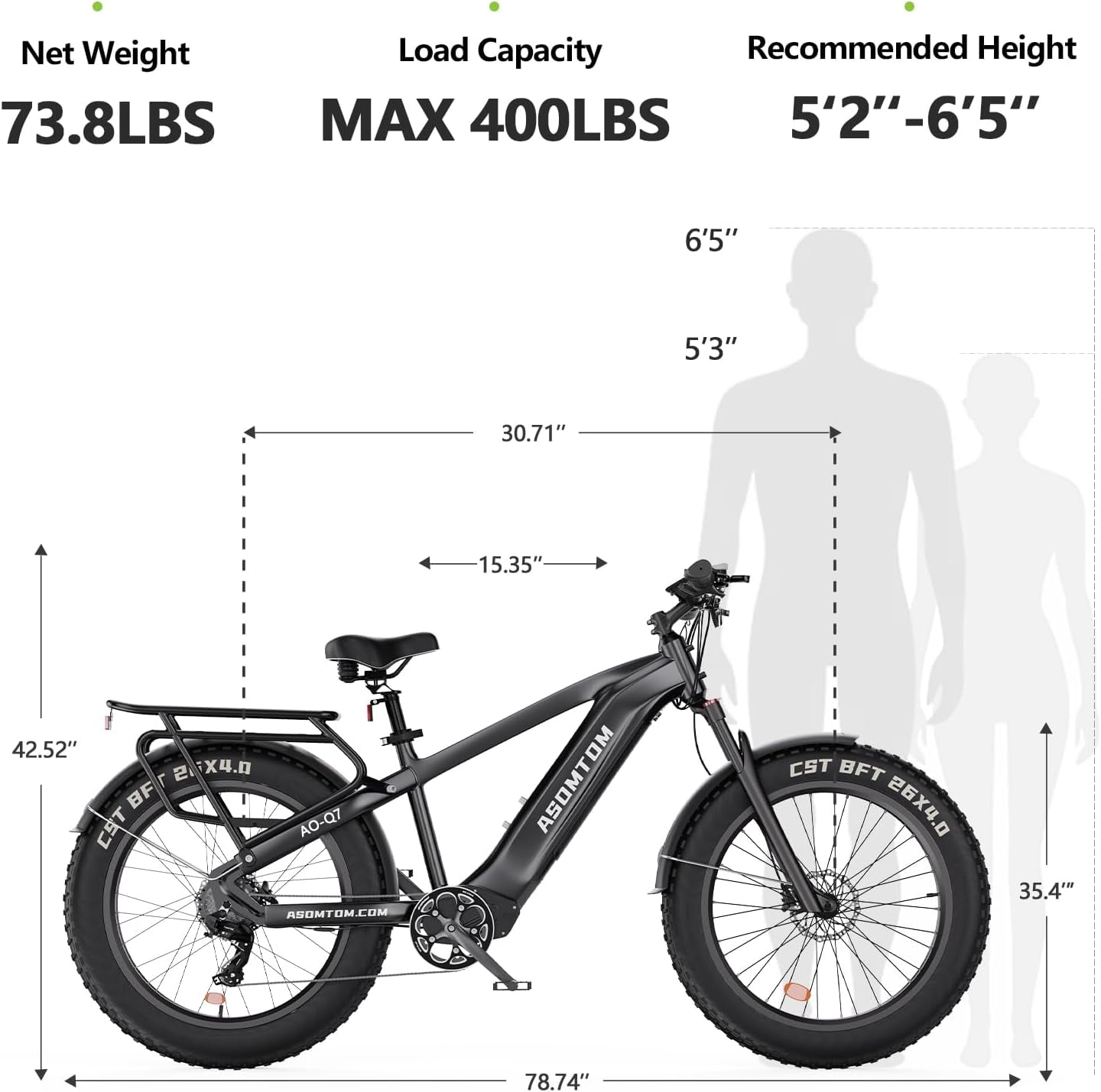 ASOMTOM ，26" x4.0 Fat Tire Electric Bike for Adults, 750W Motor 28+MPH, 48V 15Ah Removable Battery, Shimano 7-Speed, Suspension Fork, Cruise Control - Electric Mountain Bicycle